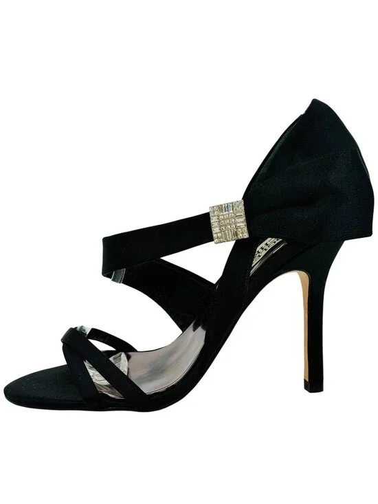 Badgley Mischka Black Satin Rhinestone Bow Heels 6 | dOrsay Formal Evening Shoes - Picture 2 of 16